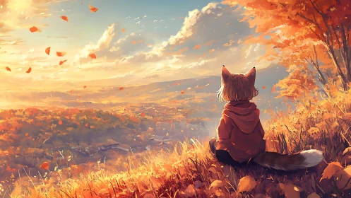 Fox-eared character gazes over glowing autumn valley sunset.