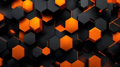 Futuristic Black and Orange Hexagonal 3D Pattern Digital Art.
