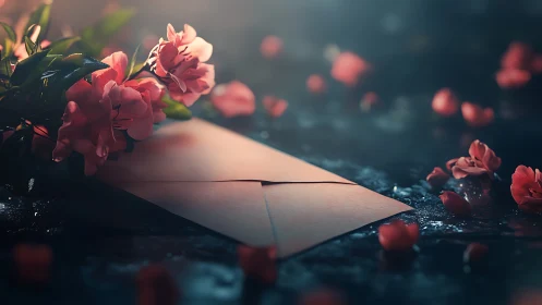 Crimson Petals Rest on Rain-Soaked Surface.