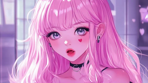 Pink haired anime girl with heart cheek mark portrait.