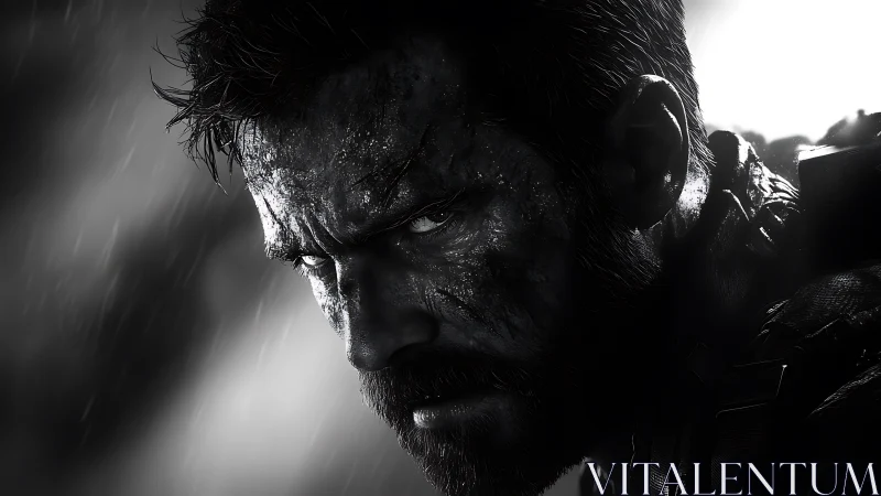 Battle-hardened soldier glares through rain-soaked shadows.