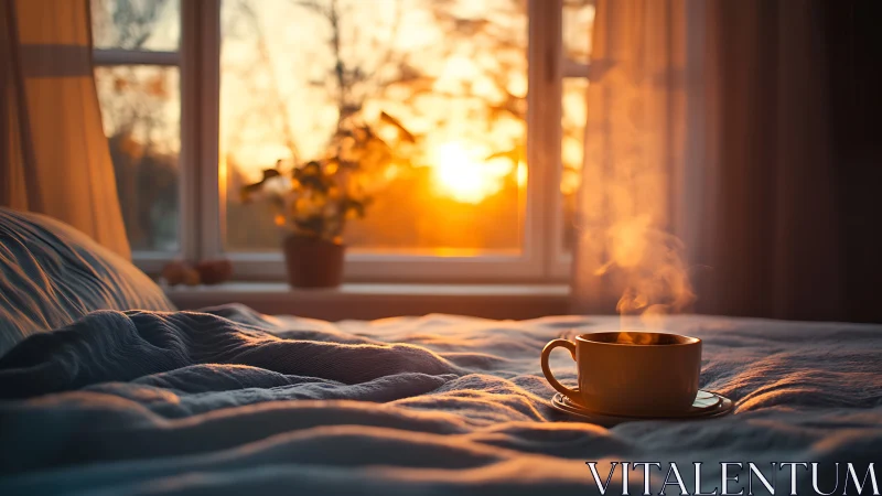 Sunrise steam and unmade blankets in a hush-soft bedroom glow.