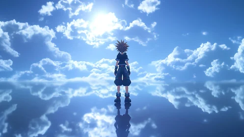 Skybound wanderer pauses where mirrored clouds trade secrets