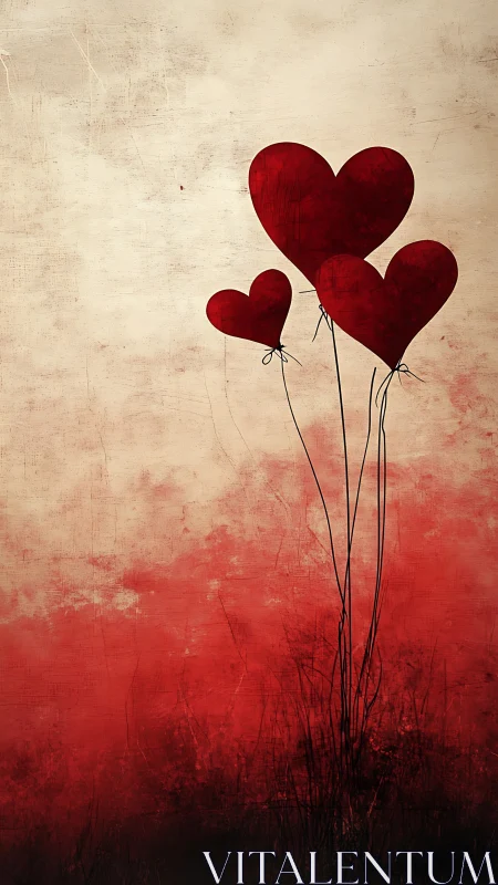 Heart Balloons Rise Against Textured Red Gradient.