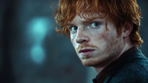 Red-haired young man in close, intense side portrait.