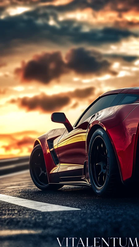 Red sports car on highway at sunset with reflective bodywork.