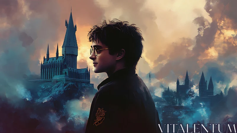 Young wizard in profile surveys a mist-shrouded gothic castle