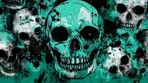 Skull pattern illustration with teal splatter background.