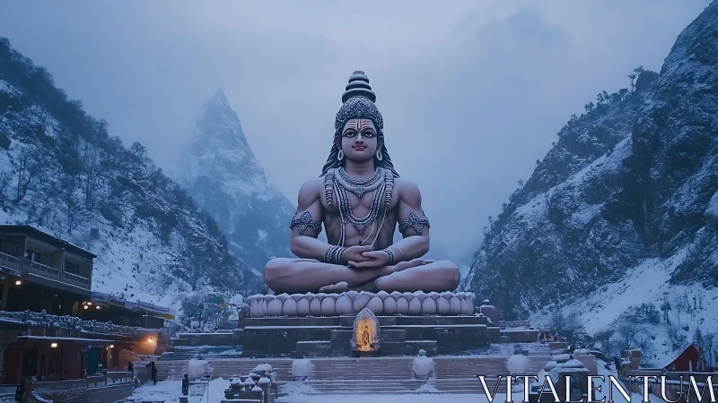 Snow covered Shiva statue in mountain temple complex.