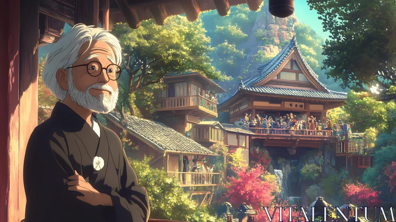 Elderly scholar in serene anime mountain temple village.