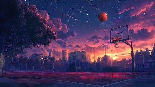 Twilight urban basketball court under meteor-lit, saturated sky