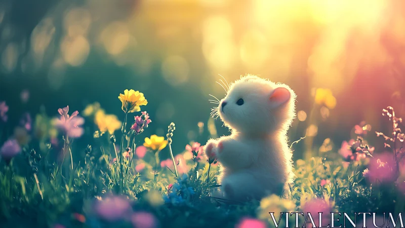 Backlit fluffy creature kneeling in sunlit wildflower meadow