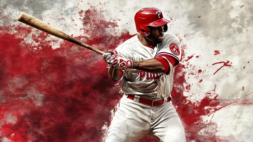 Baseball slugger illustration with red splatter energy.