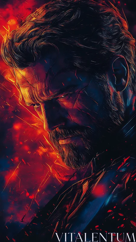 Bearded male portrait rendered in fiery orange and blue light