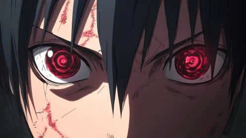 Scarred anime warrior eyes burn with crimson spiral power