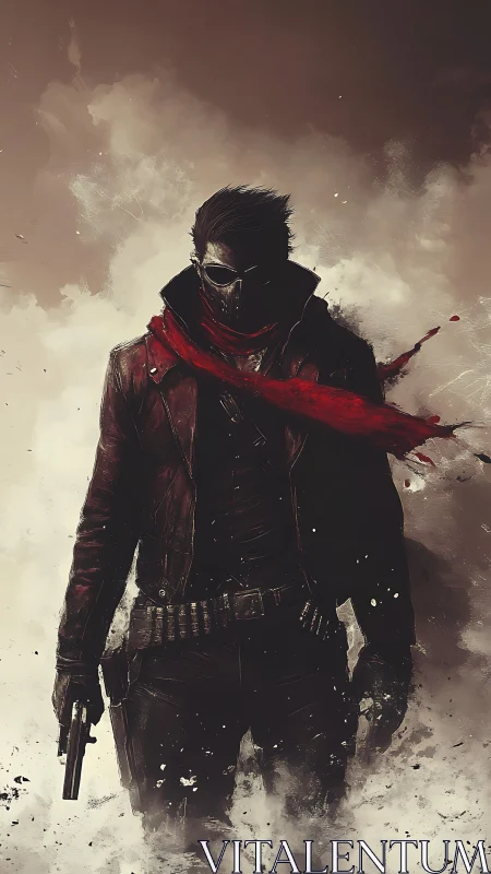 Masked gunfighter strides through smoke in crimson scarf