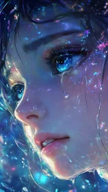 Iridescent tears spill across a luminous anime face.