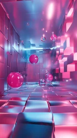 Chromed corridor with luminous pink glass spheres suspended.