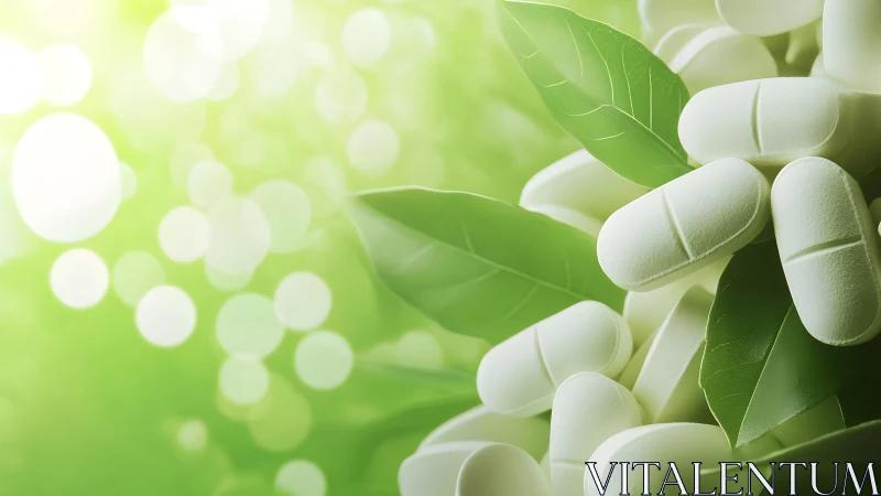 White dietary supplement tablets on green leaves, natural wellness style.