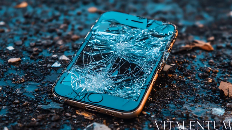 Shattered smartphone with radial impact fractures on wet asphalt