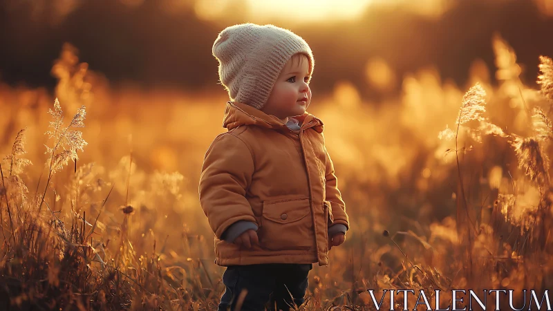 Child in Golden Wheat Field. Serene Autumn Portrait.