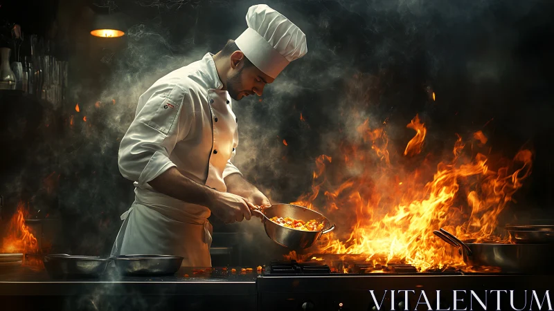 Chef in White Executing Flambé Technique Amid Intense Flames