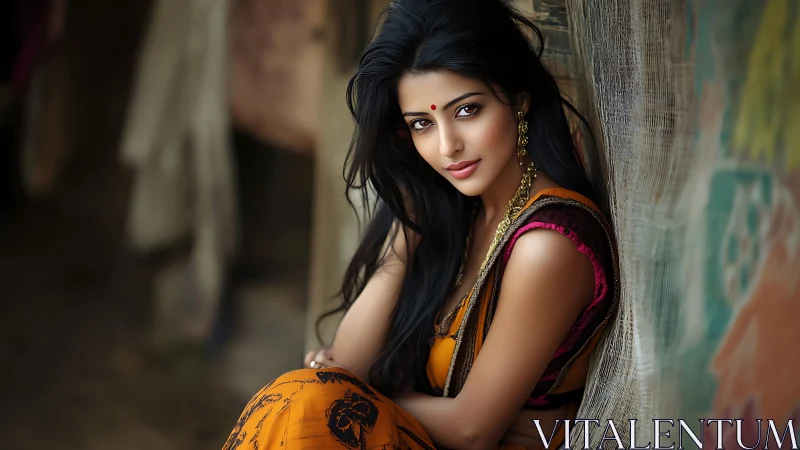 Elegant Indian woman in traditional attire, vibrant portrait style.