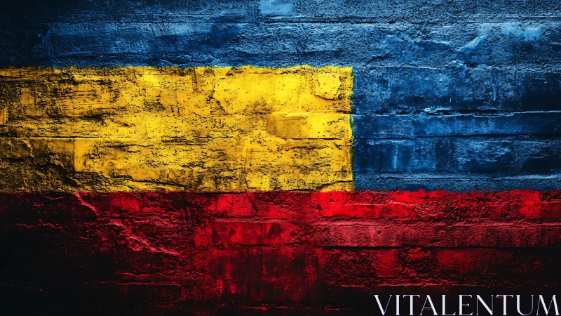 Horizontal tricolor paint stripes cover a textured brick wall