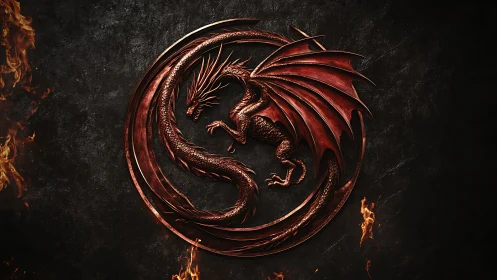 Embossed red dragon sigil rendered as metallic circular relief