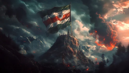 Volcanic stormscape with Indian tricolor flag on summit peak.