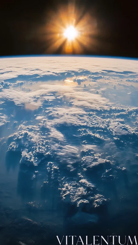 Sunrise above Earth’s curved horizon from space view.
