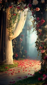 Romantic rose archway framing softly lit wedding path.