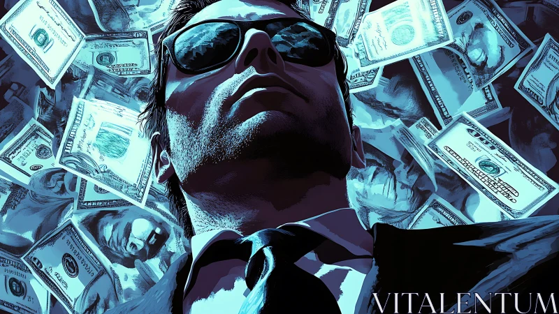 Confident businessman framed by swirling dollar banknotes