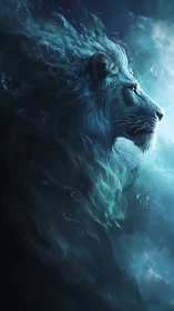 Mythic blue lion profile emerging from storm-lit void.