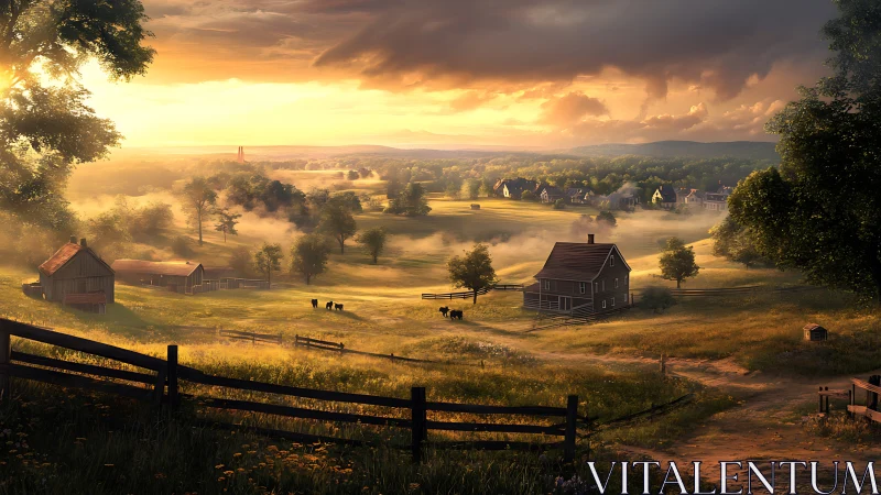 Rural sunrise landscape with volumetric mist and farmstead geometry.