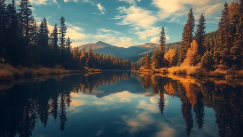 Golden lakeside pines reflecting quiet mountain morning.
