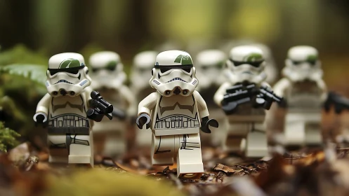 Toy stormtrooper squad advances through blurred forest floor