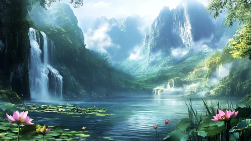 Dreamy waterfall valley wrapped in misty emerald mountains.