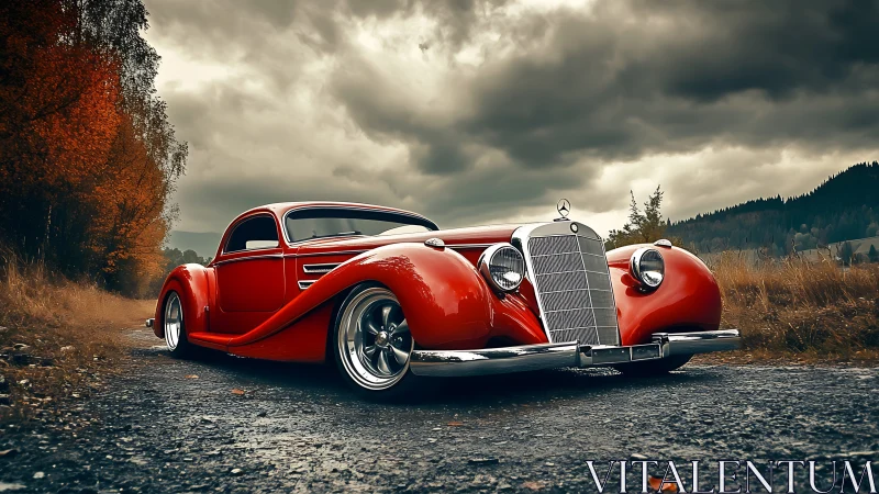 Red classic coupe on rural road under cloudy autumn sky.