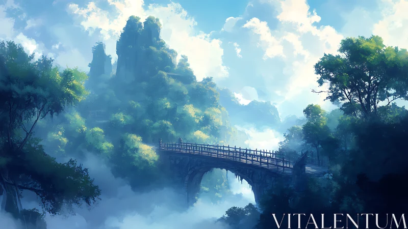 Digital painting of misty mountain bridge in lush valley.