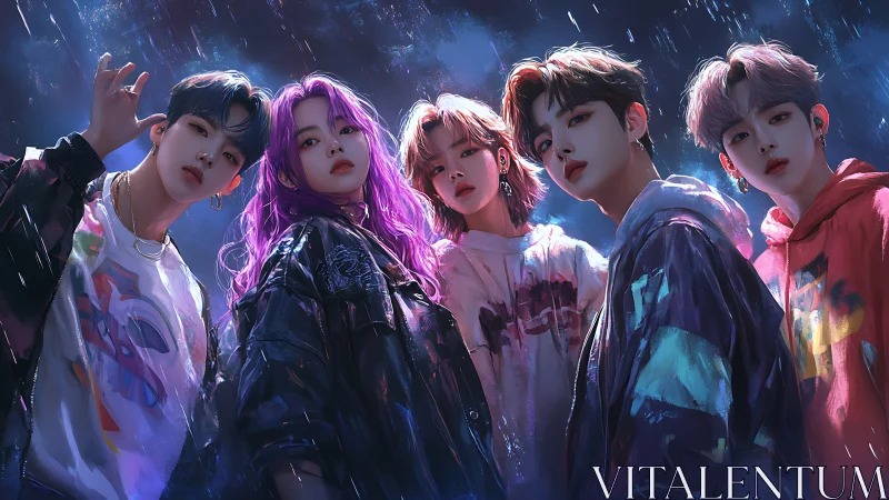 Neon-lit friends share a bold night under the city rain