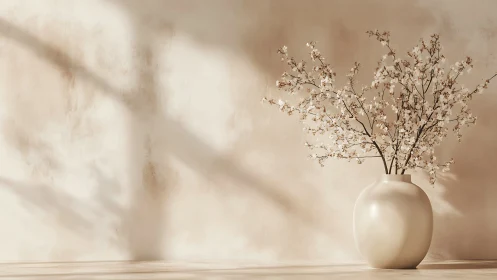 Soft sunbeams cradle cherry blossoms in a quiet porcelain vase