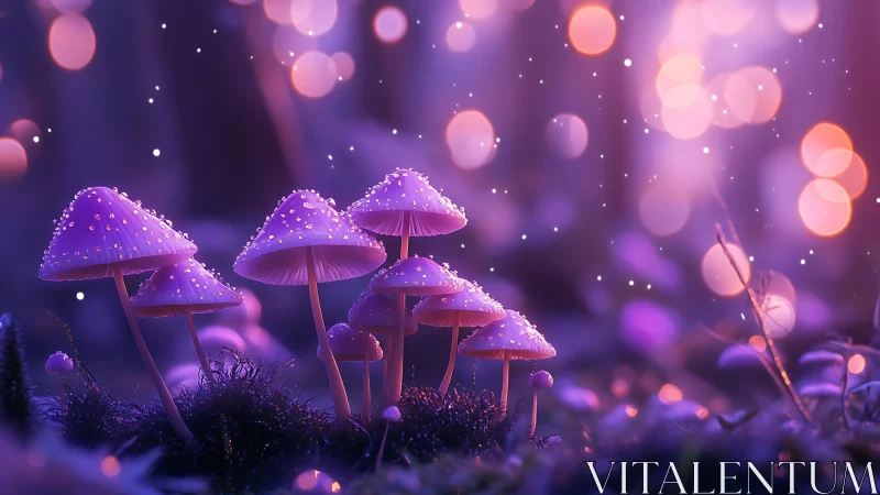 Bioluminescent violet mushrooms glow in dreamy forest dusk