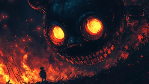 Giant mechanical skull with glowing eyes above burning field.