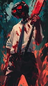 Digital painting of blood-soaked masked killer in dynamic stance.