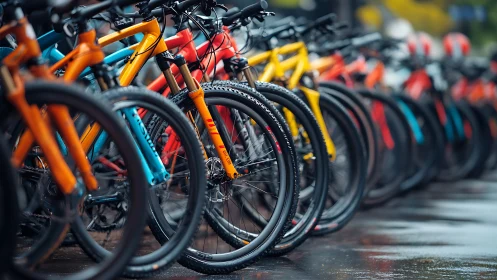 Vibrant Bike Share Fleet Lined in Urban Street.