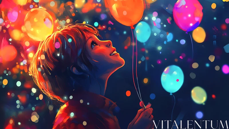 Child gazes upward holding glowing balloons in vivid night