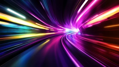 Neon light trails in curved tunnel with motion blur effect.
