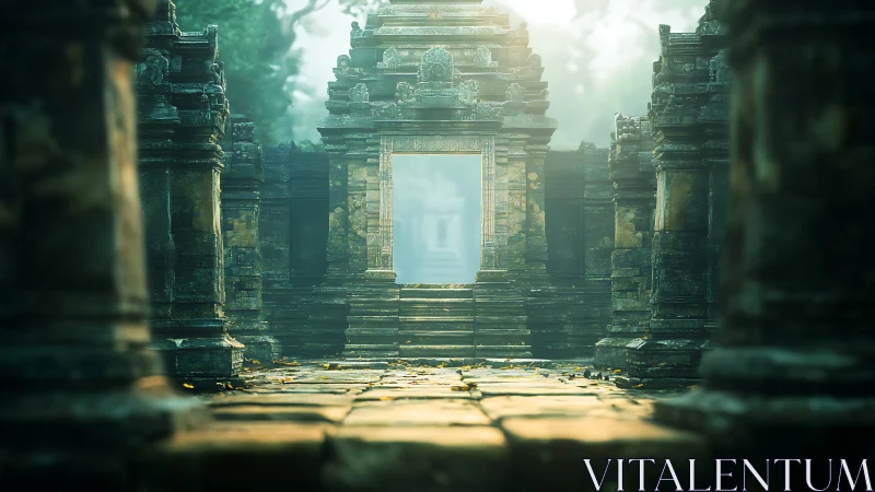Sunlit ancient stone gateway opens into misty temple court