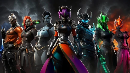 Armored cyber warriors posed in cinematic rainbow lighting.